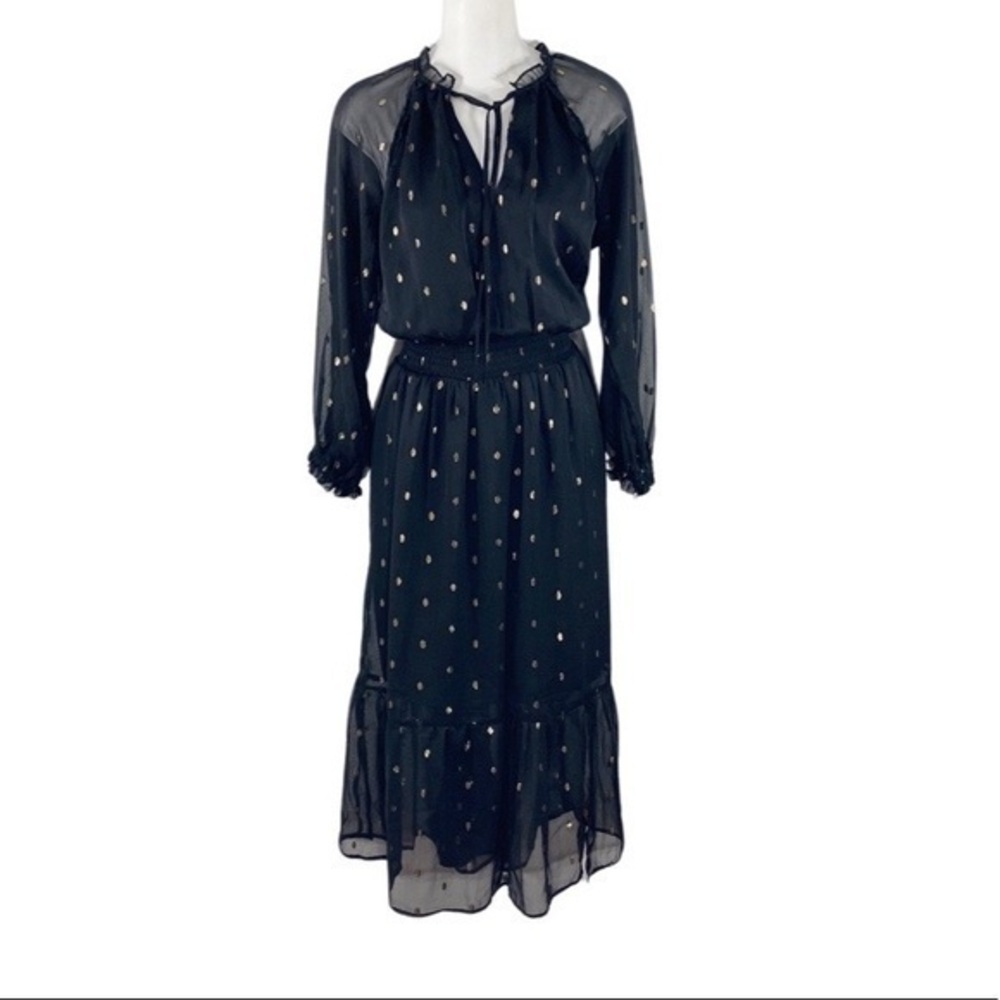 NSR black gold dot ruffle smocked long sleeve dress Z8